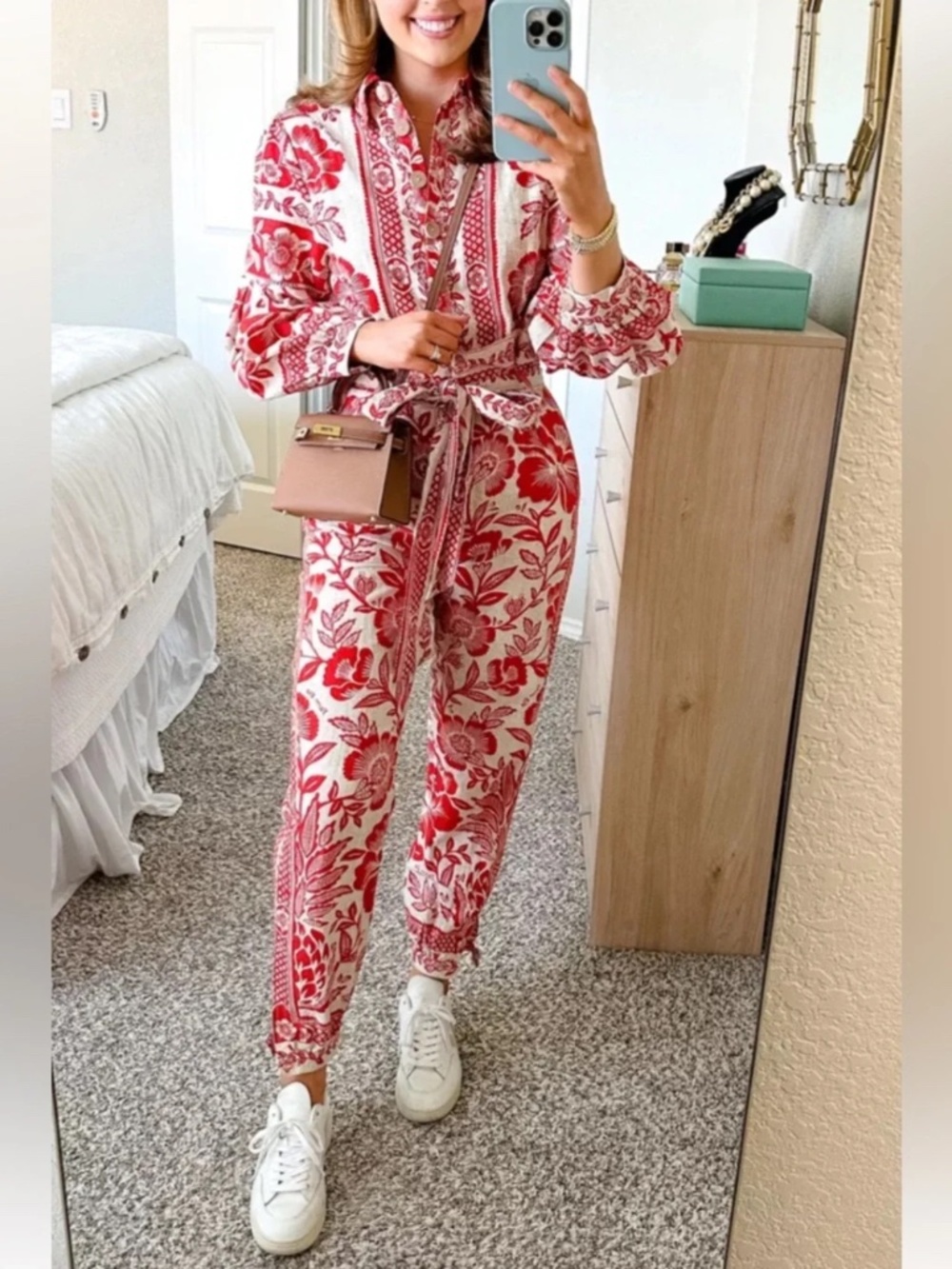 Farm Rio Red Pineapple Garden Floral Print Linen Blend Jumpsuit Size Small - Picture 3 of 7